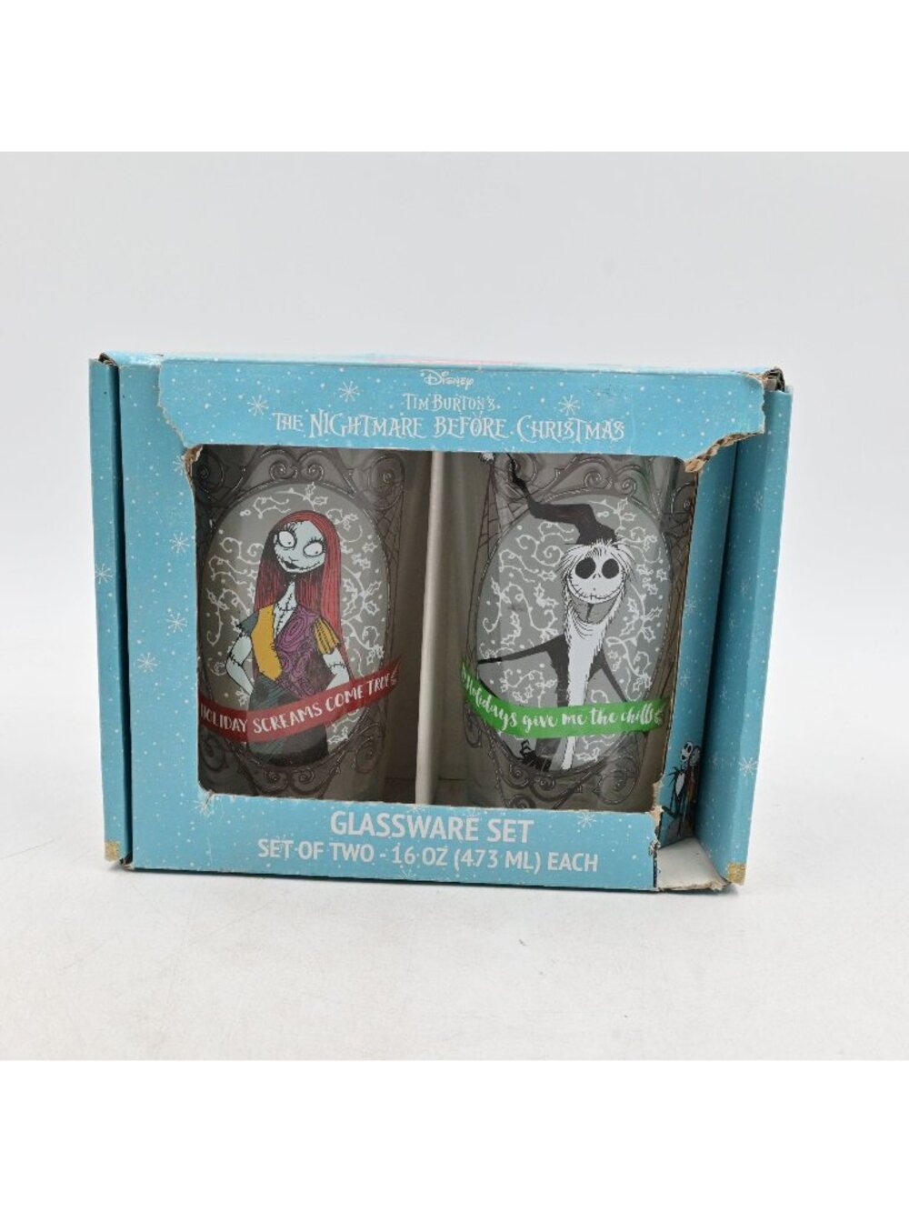 Disney Nightmare Before Christmas Two 16oz Glass Set New Damaged Box